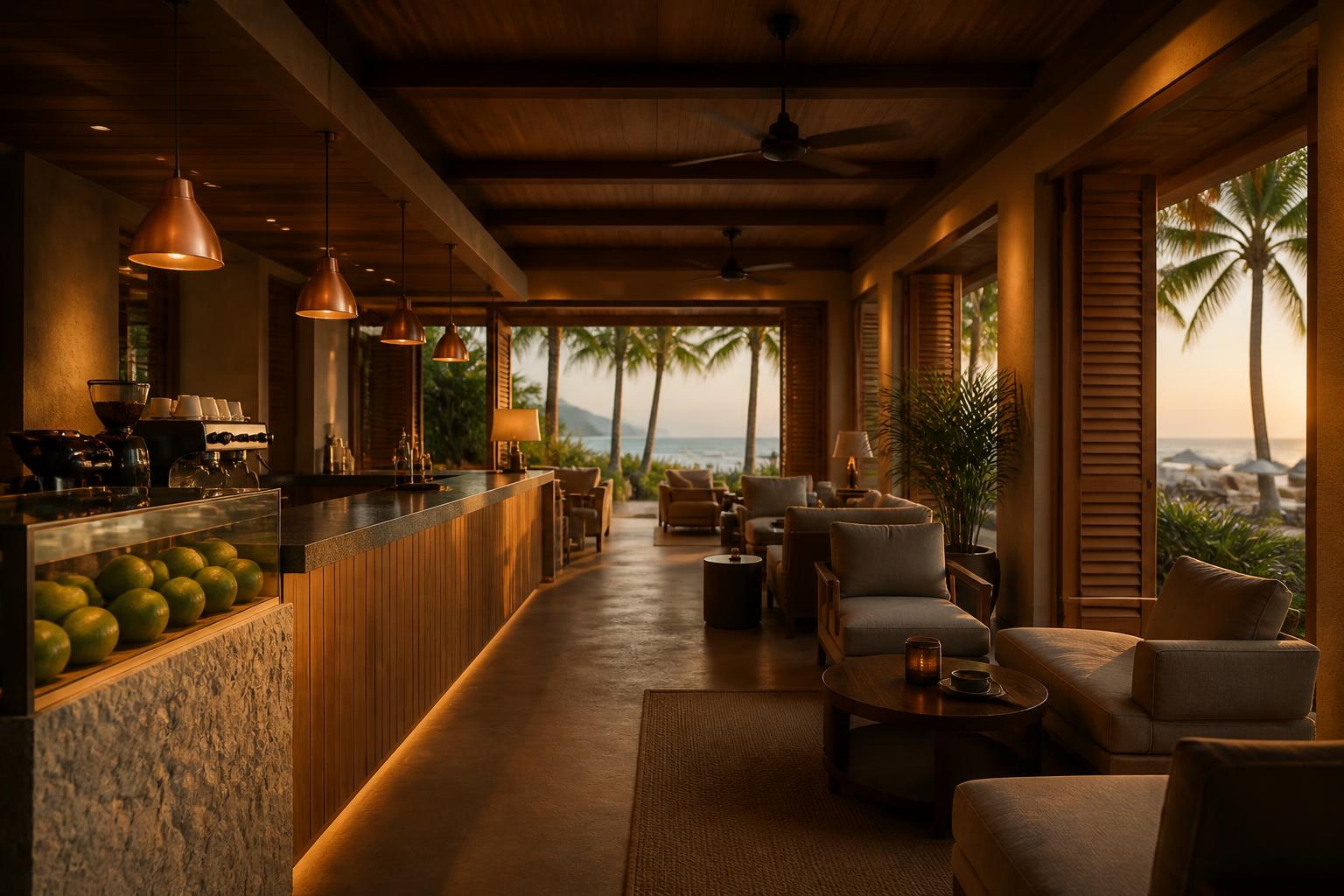 Concept render of the warm timber lounge and juice bar looking out to palms and the sea