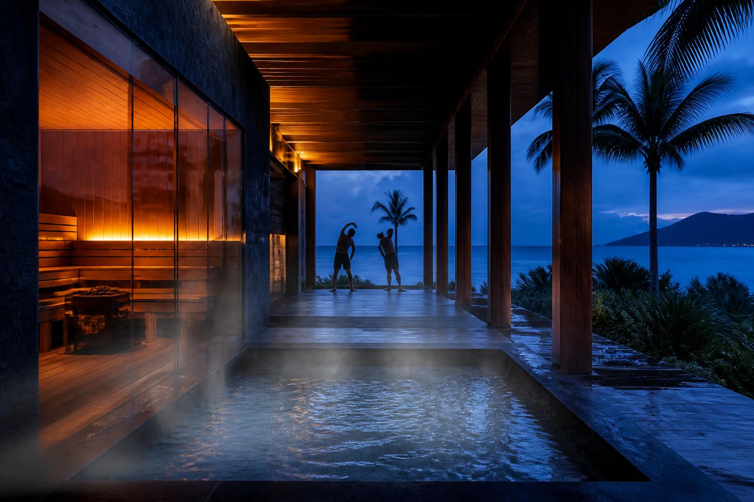 Concept render at dusk of a steaming plunge pool beside a glowing sauna with the sea beyond