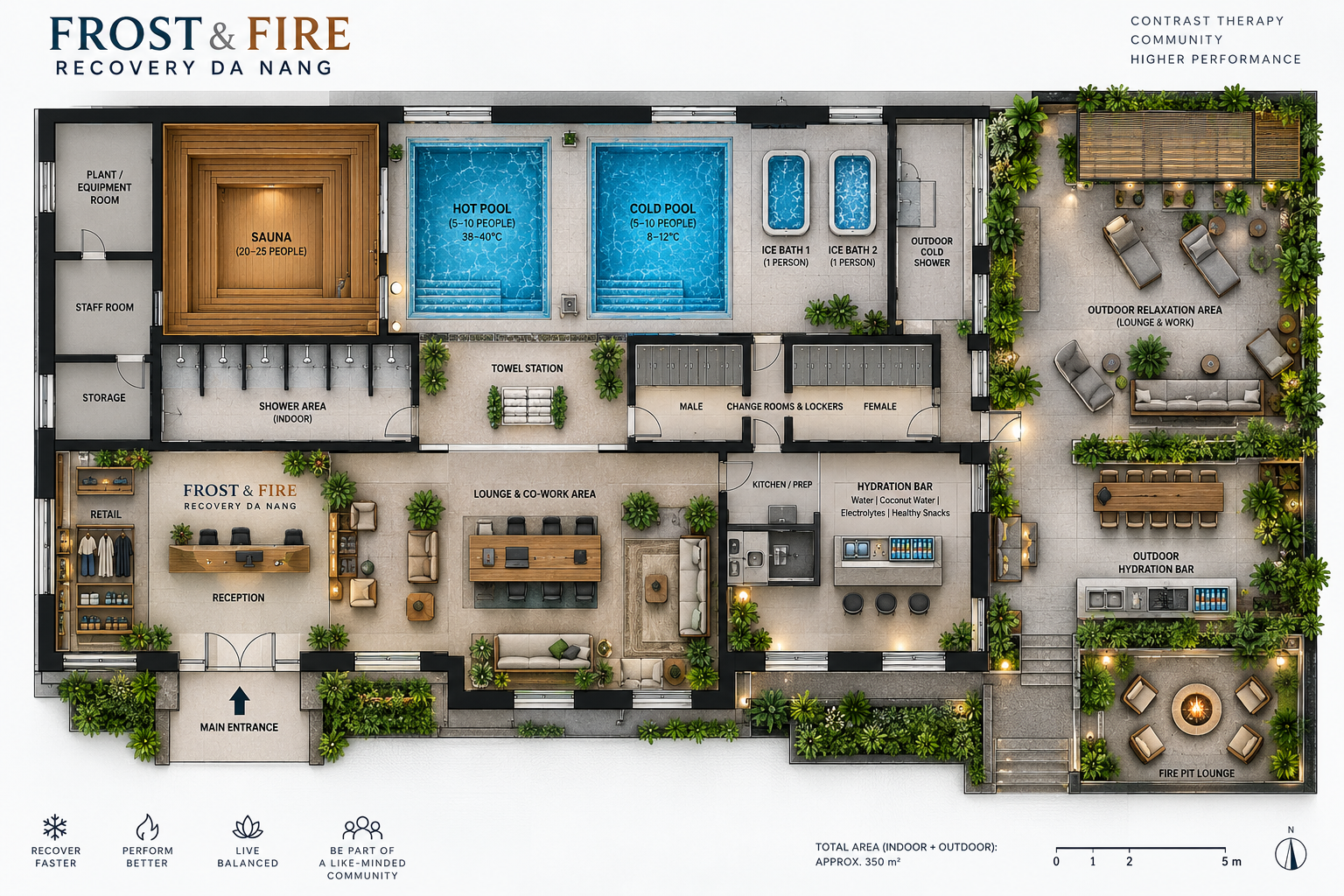 Frost & Fire plan highlighting the indoor zones and the covered outdoor movement and events area