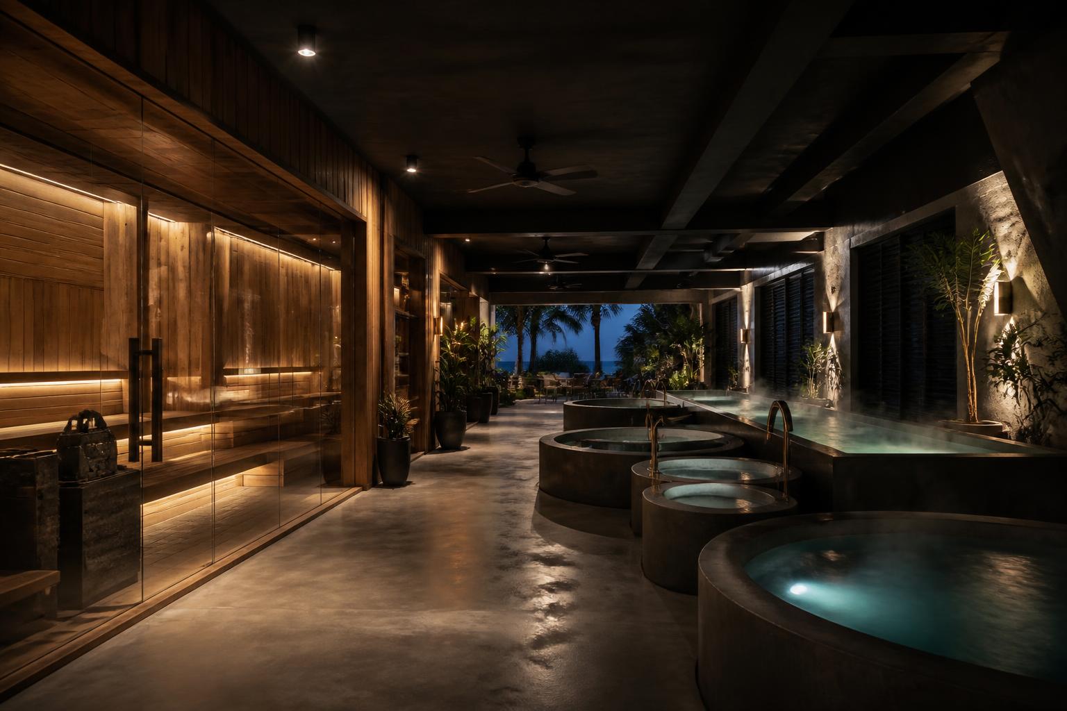 Concept render of the sauna hall with round cold plunge pools and the sea beyond open shutters