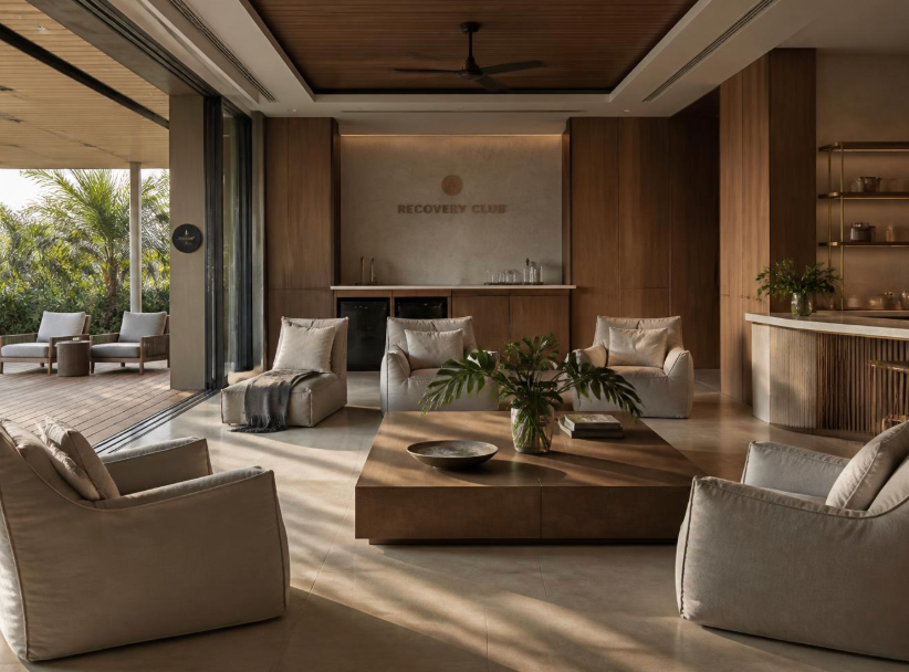 Open-plan longevity club lounge with soft armchairs, timber panelling and planting