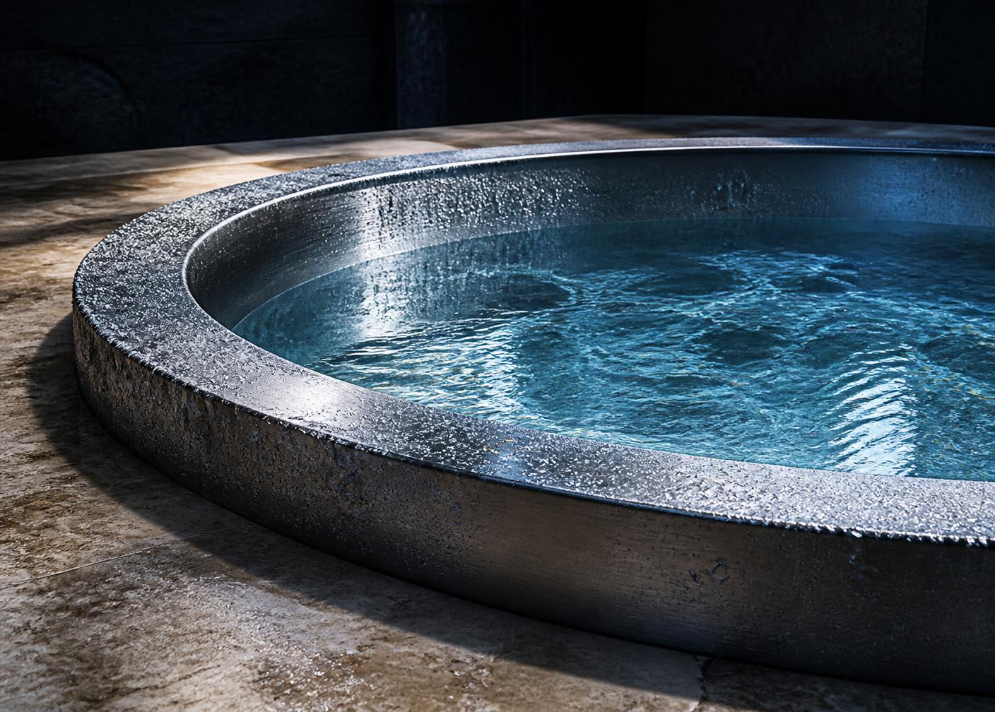 Cold plunge pool with condensation on a brushed metal rim