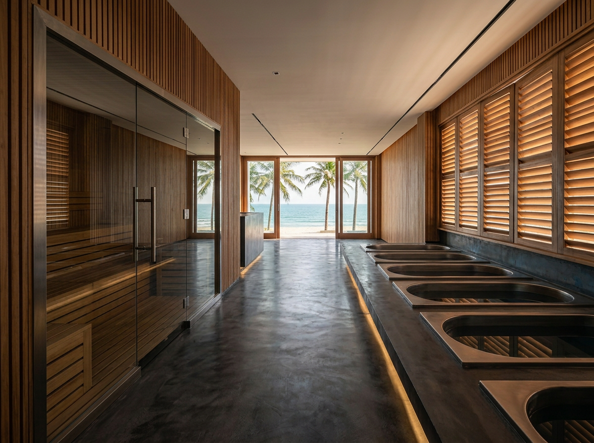 Concept view along the open-plan hall with sauna cabin, cold plunge line and open glazing onto the beach