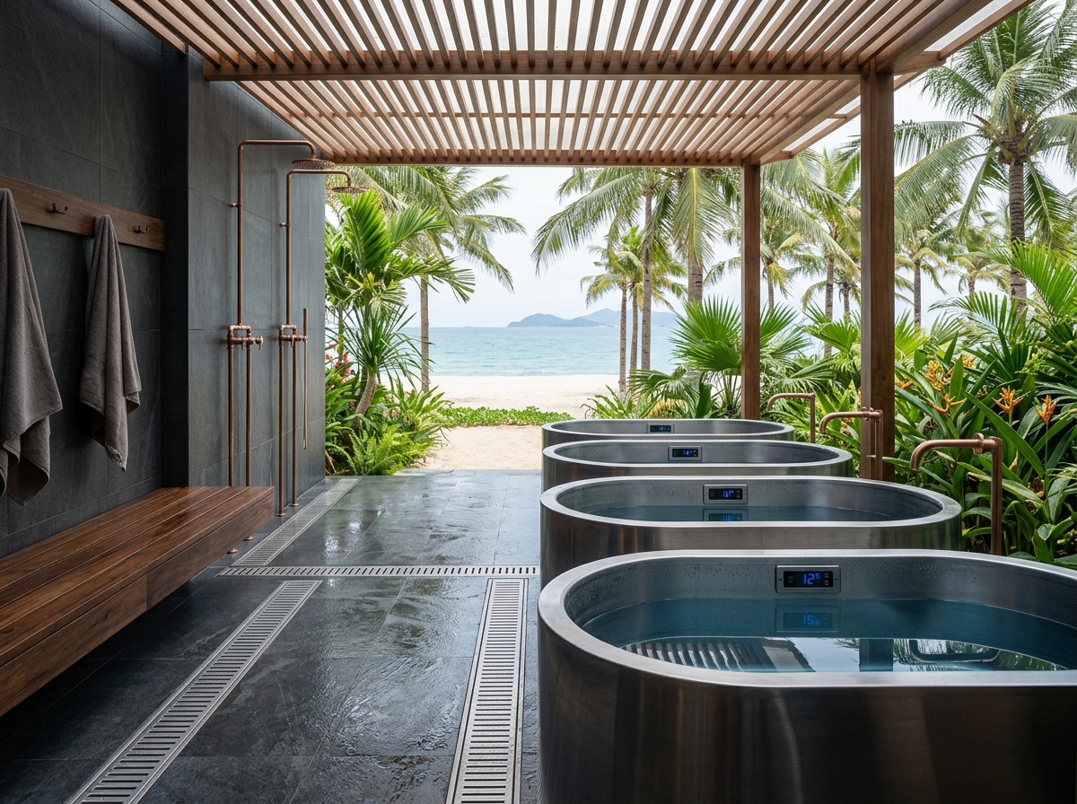 Concept view of the open-air cold plunge terrace with four stainless plunges facing the beach