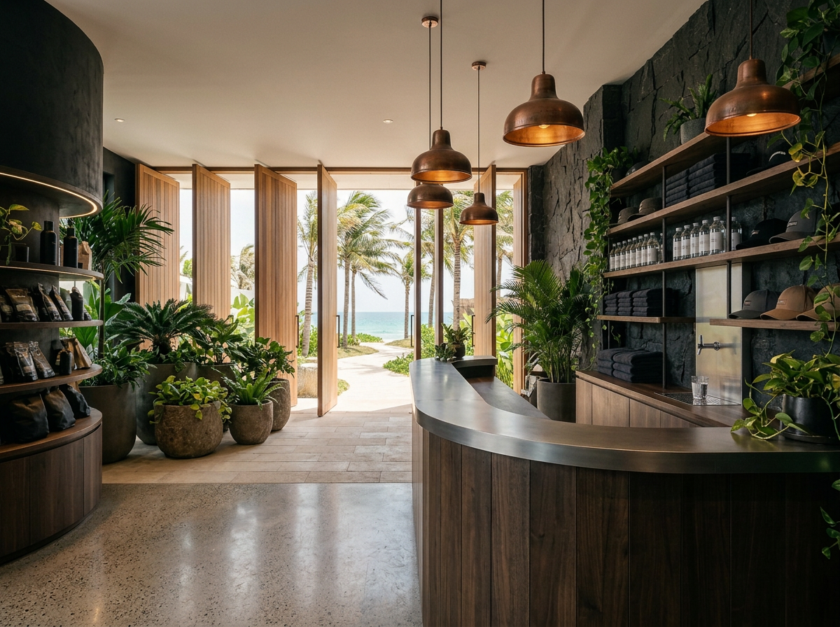 Concept view of the open-air reception counter and hydration bar looking out to palms and the sea